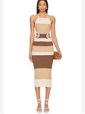NWT Camila Coelho Knit Cutout Halter Dress Brown & Tan Women’s XL Bodycon